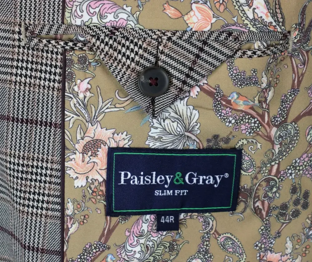 Paisley & Gray Sport Coat Mens 44 R Slim Fit Tan Burgundy Plaid Blazer Jacket